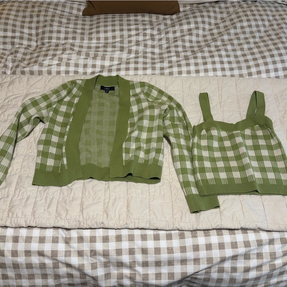 Lulus Sweaters - Lulus Green Checkered Tank and Cardigan Set